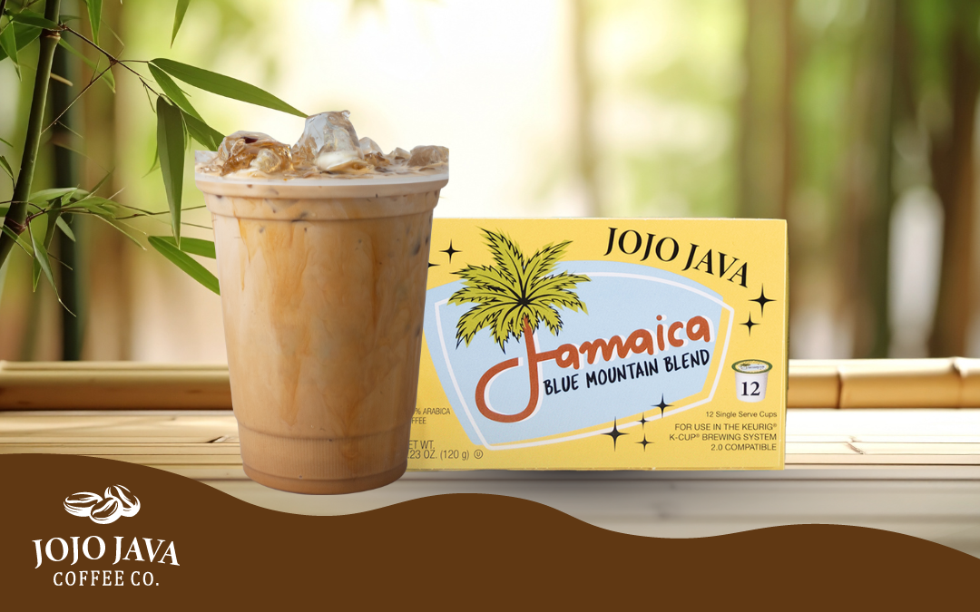 Jamaican Blue Mountain coffee beans with a freshly brewed cup showcasing smooth, rich flavor