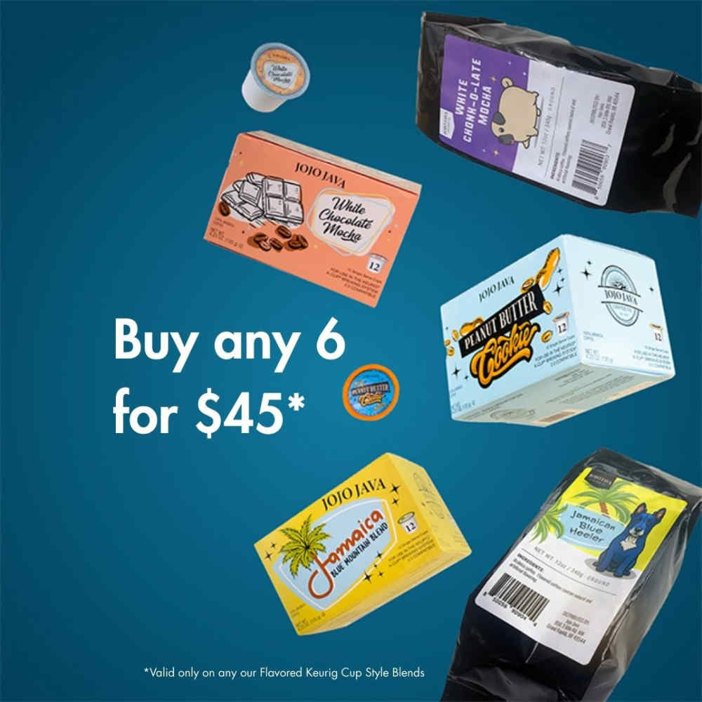 Promotional graphic with coffee products and text on a blue background