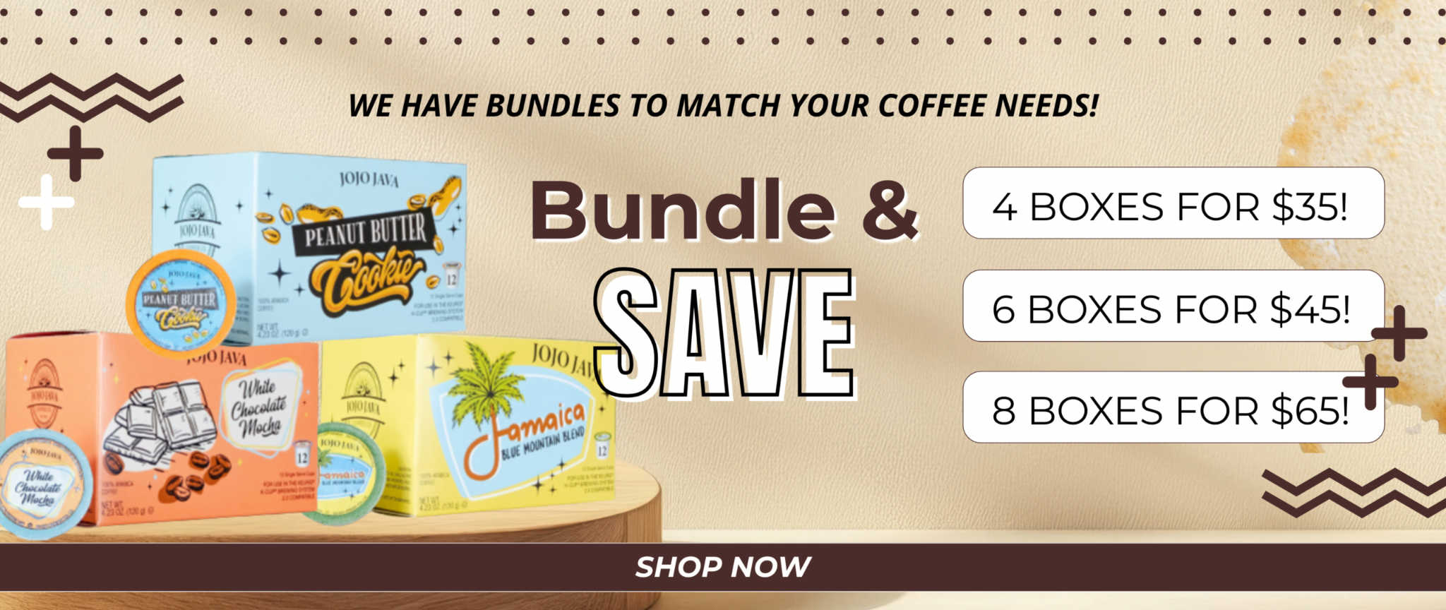 Promotional banner for coffee bundle deals with product images on a wooden surface.