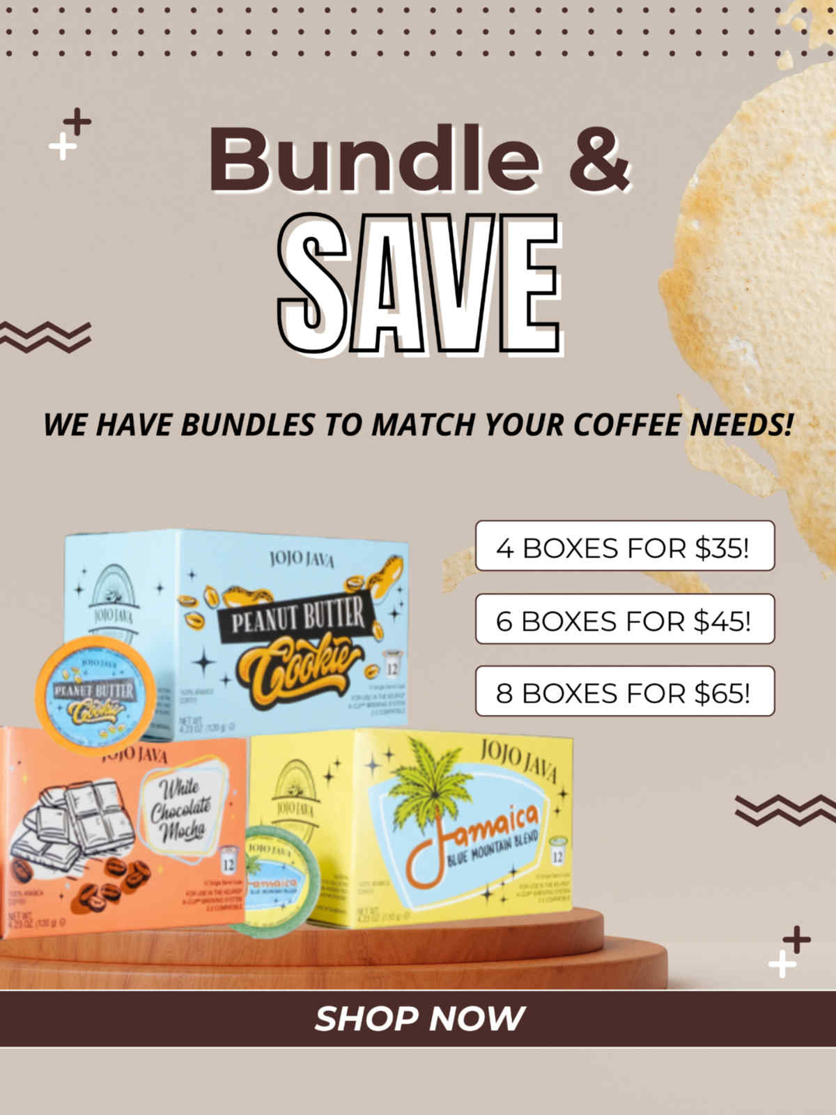 Promotional graphic for coffee boxes with bundle pricing on a beige background